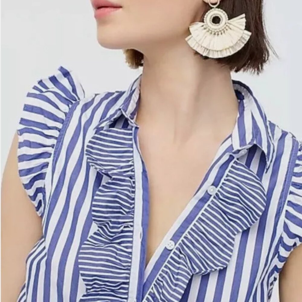 J Crew Ruffled blue white stripes cotton top collar buttoned down sleeveless SzS